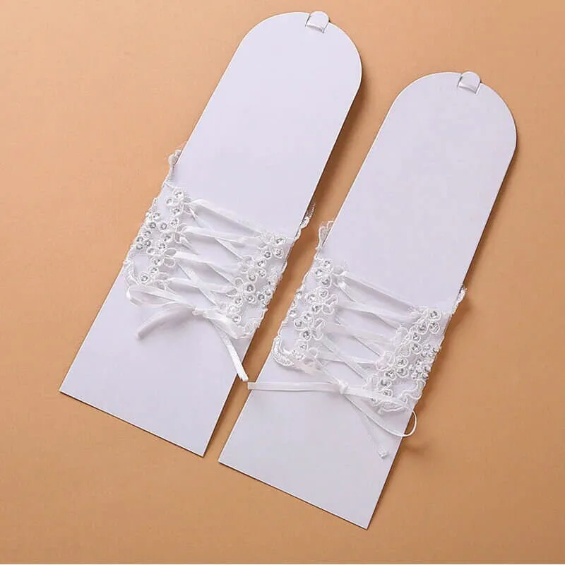 White Chiffon Bridal Gloves, Wedding Rhinestone Crystal Gloves, First Communion Lace Up Short Gloves (1 Pair)