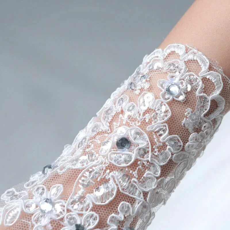 White Chiffon Bridal Gloves, Wedding Rhinestone Crystal Gloves, First Communion Lace Up Short Gloves (1 Pair)