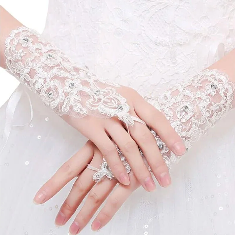 White Chiffon Bridal Gloves, Wedding Rhinestone Crystal Gloves, First Communion Lace Up Short Gloves (1 Pair)