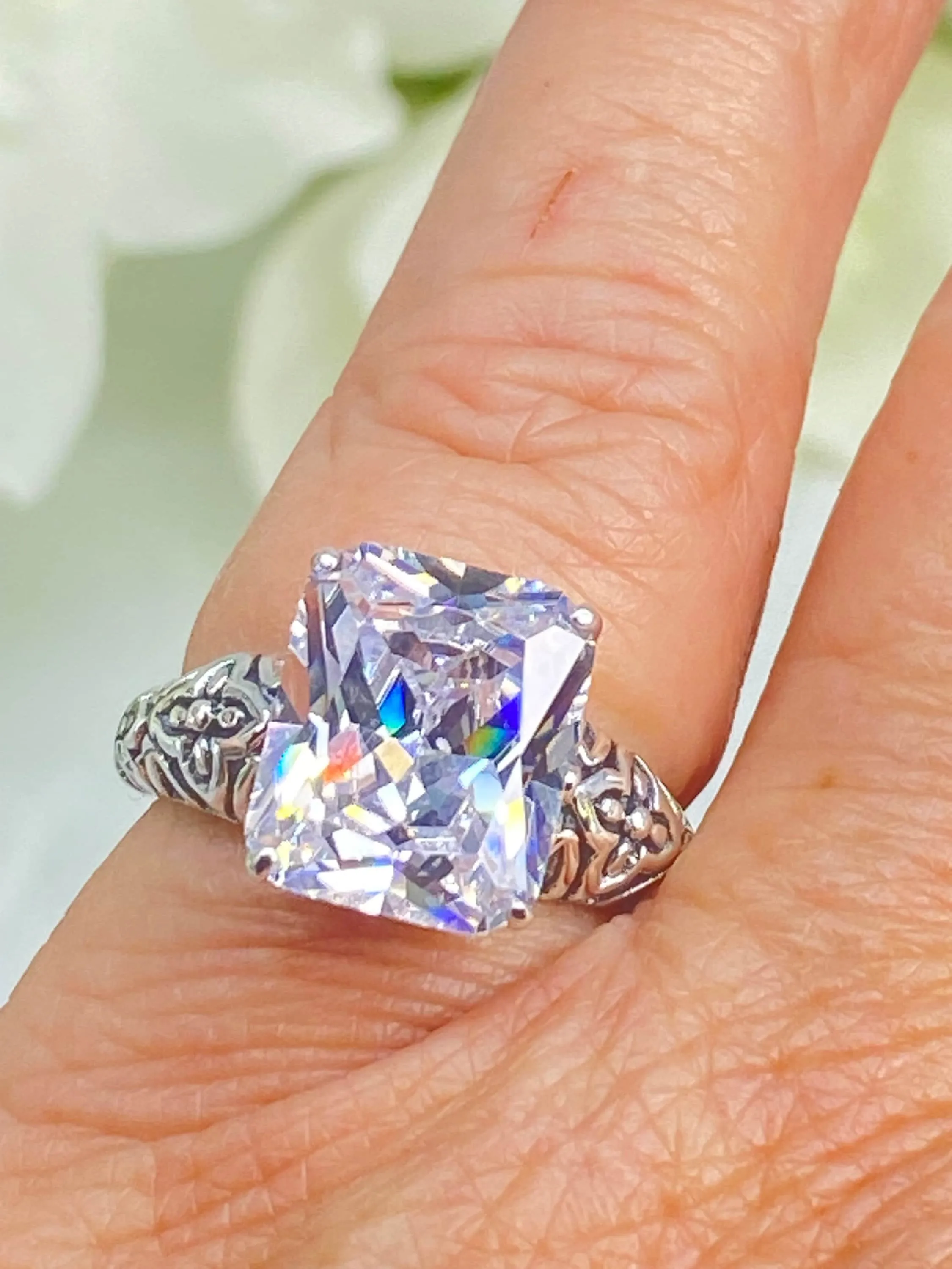 White CZ Ring, 3ct White CZ Gem, Gothic Cross Filigree Ring, D107