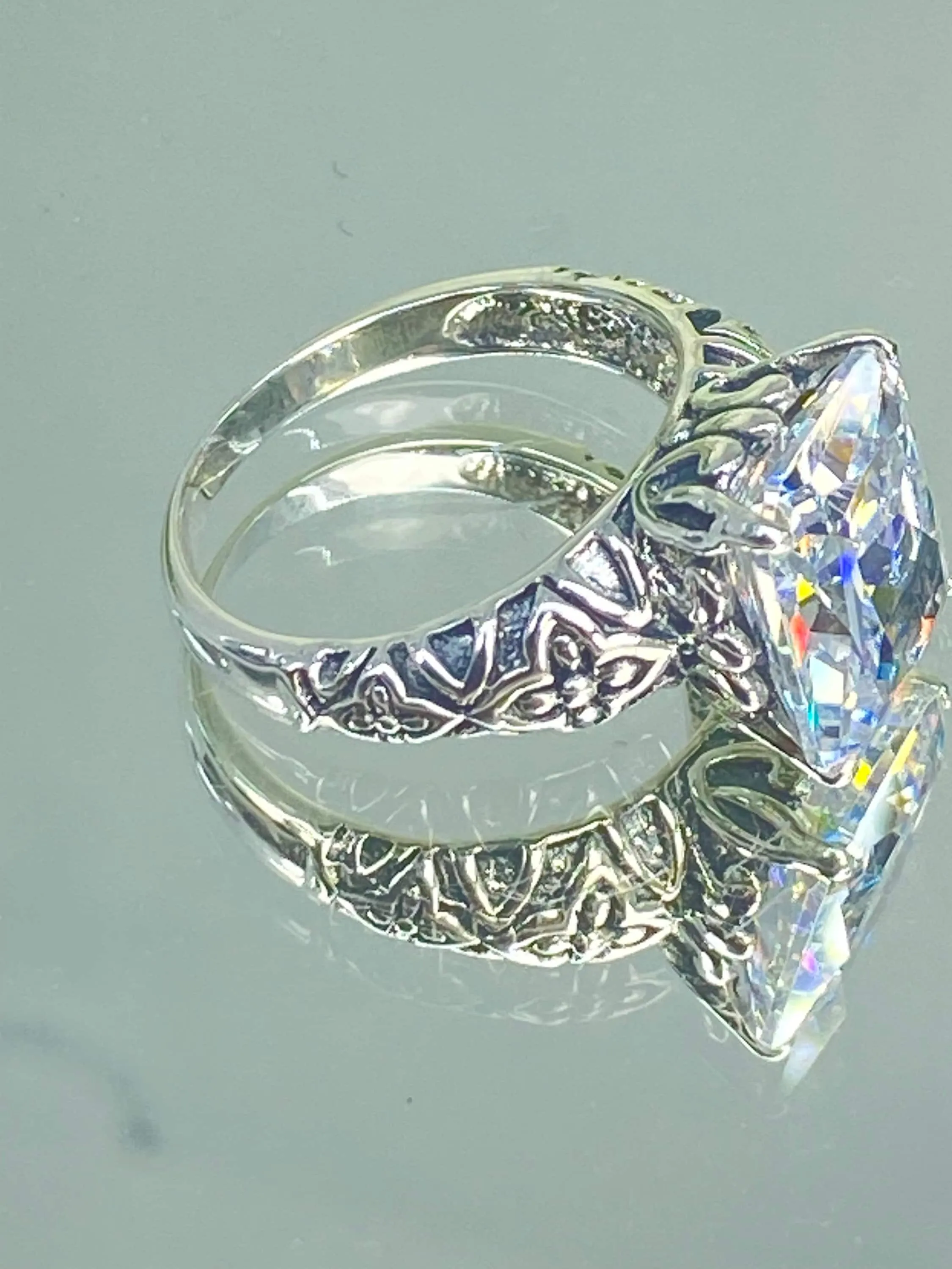 White CZ Ring, 3ct White CZ Gem, Gothic Cross Filigree Ring, D107