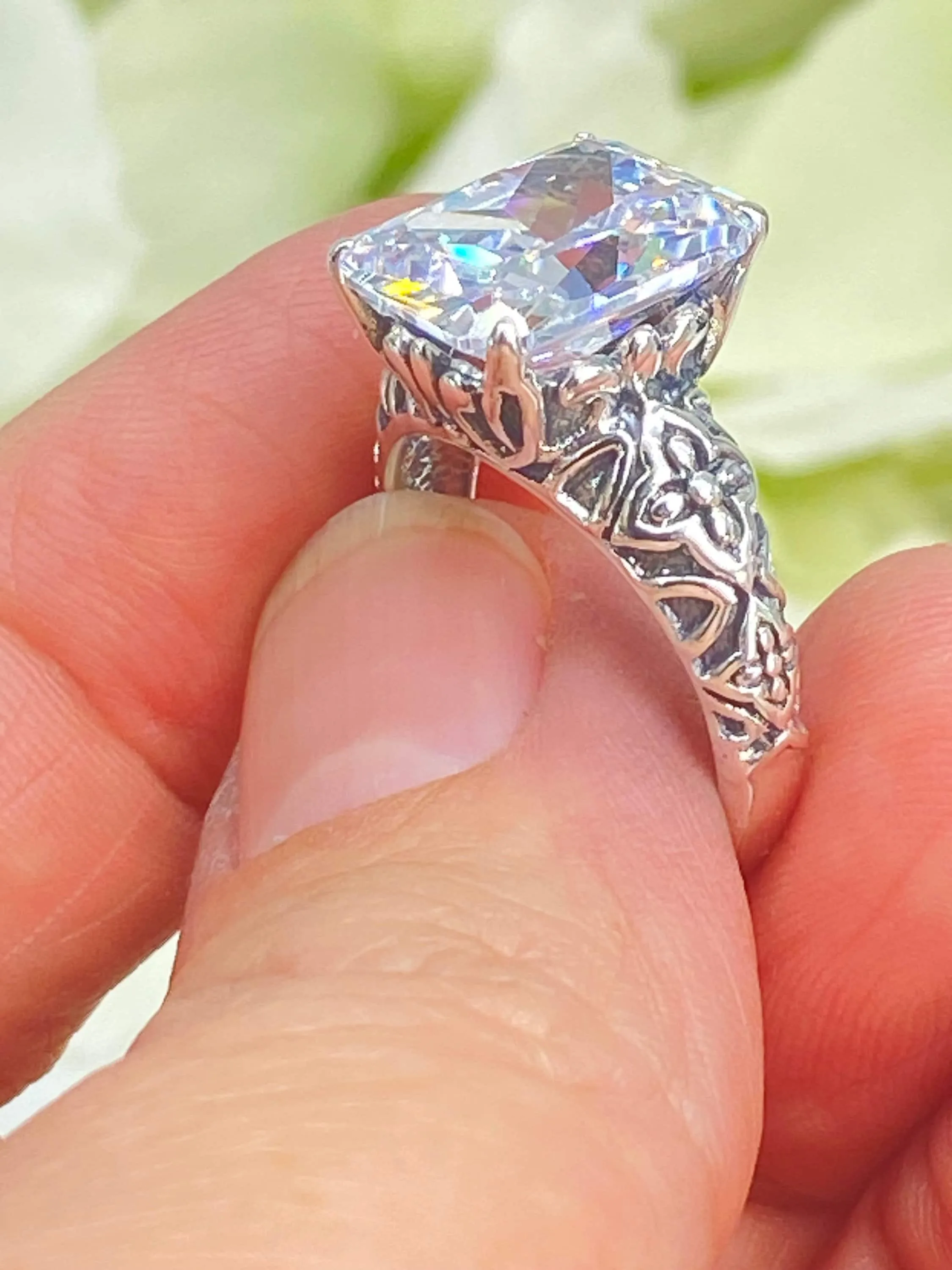 White CZ Ring, 3ct White CZ Gem, Gothic Cross Filigree Ring, D107