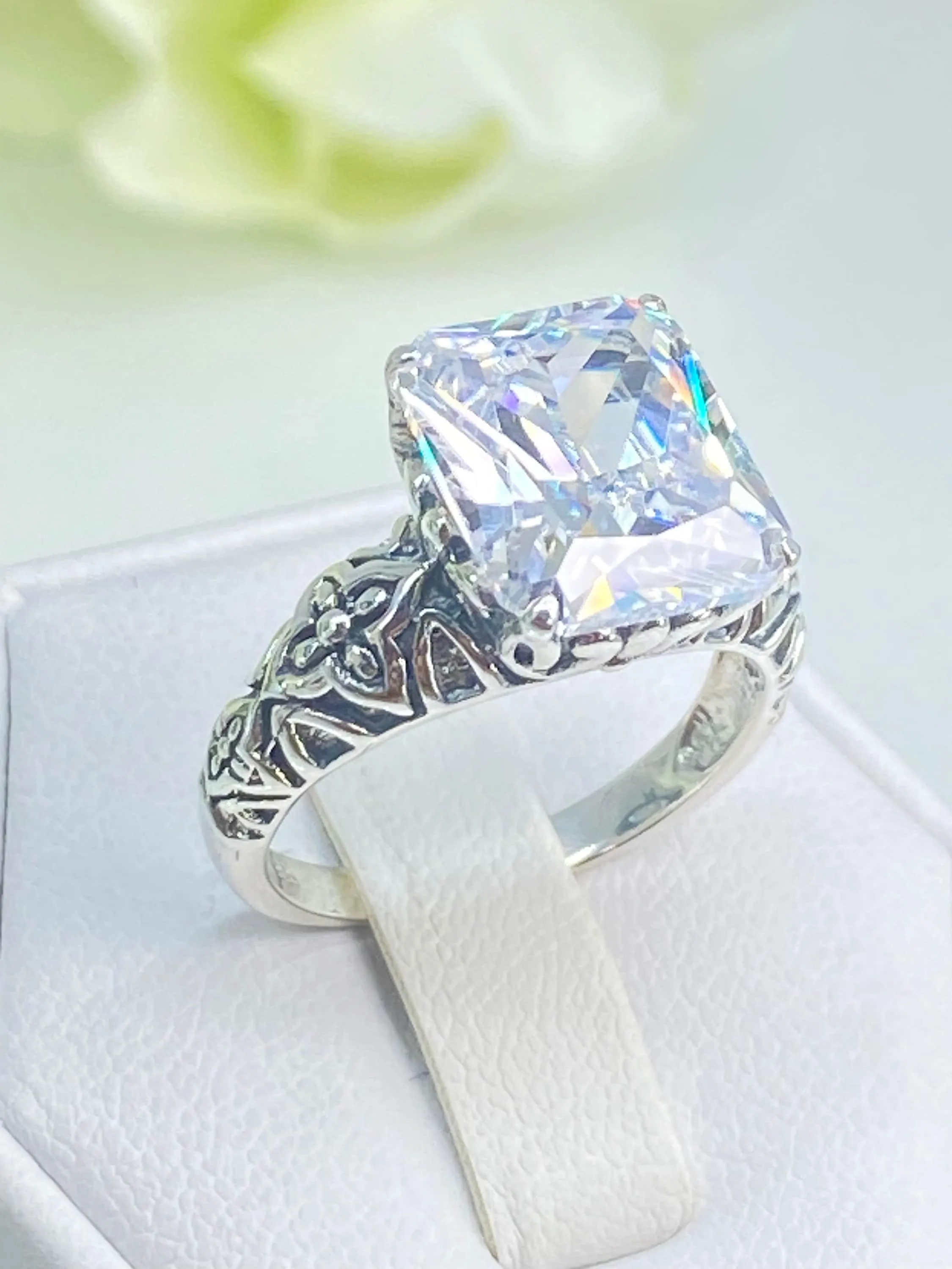 White CZ Ring, 3ct White CZ Gem, Gothic Cross Filigree Ring, D107