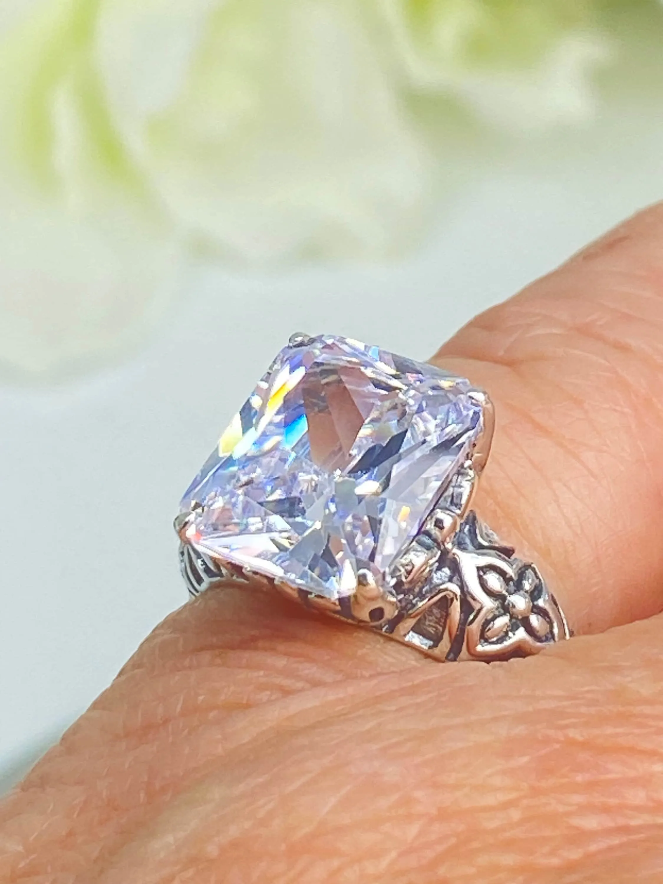 White CZ Ring, 3ct White CZ Gem, Gothic Cross Filigree Ring, D107