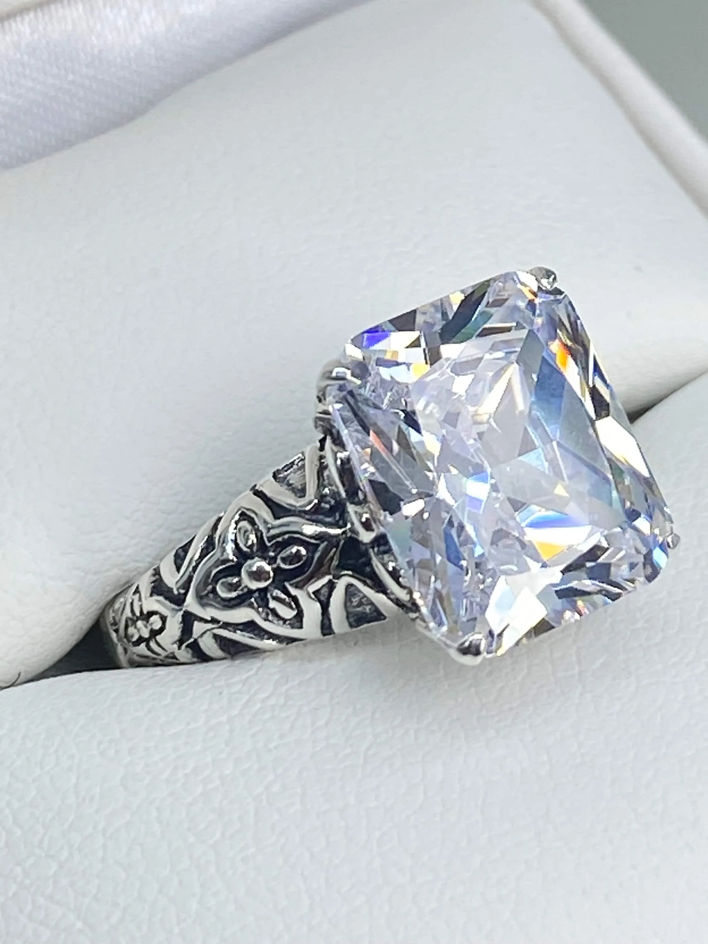 White CZ Ring, 3ct White CZ Gem, Gothic Cross Filigree Ring, D107