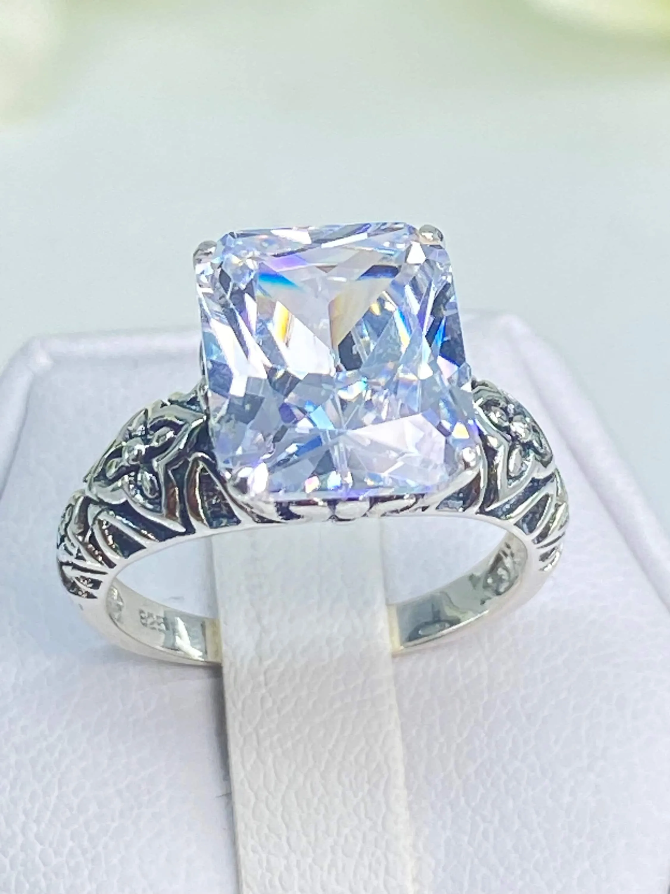 White CZ Ring, 3ct White CZ Gem, Gothic Cross Filigree Ring, D107