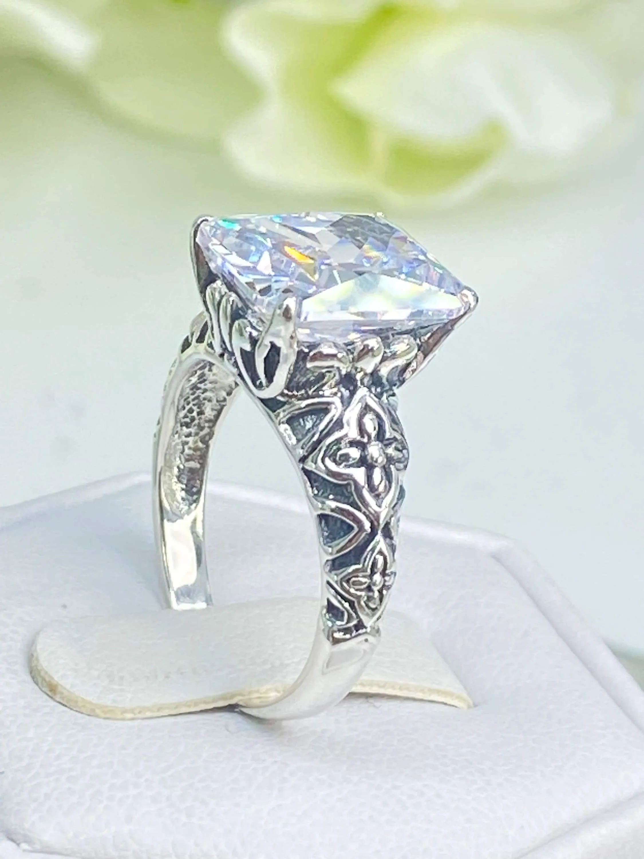 White CZ Ring, 3ct White CZ Gem, Gothic Cross Filigree Ring, D107