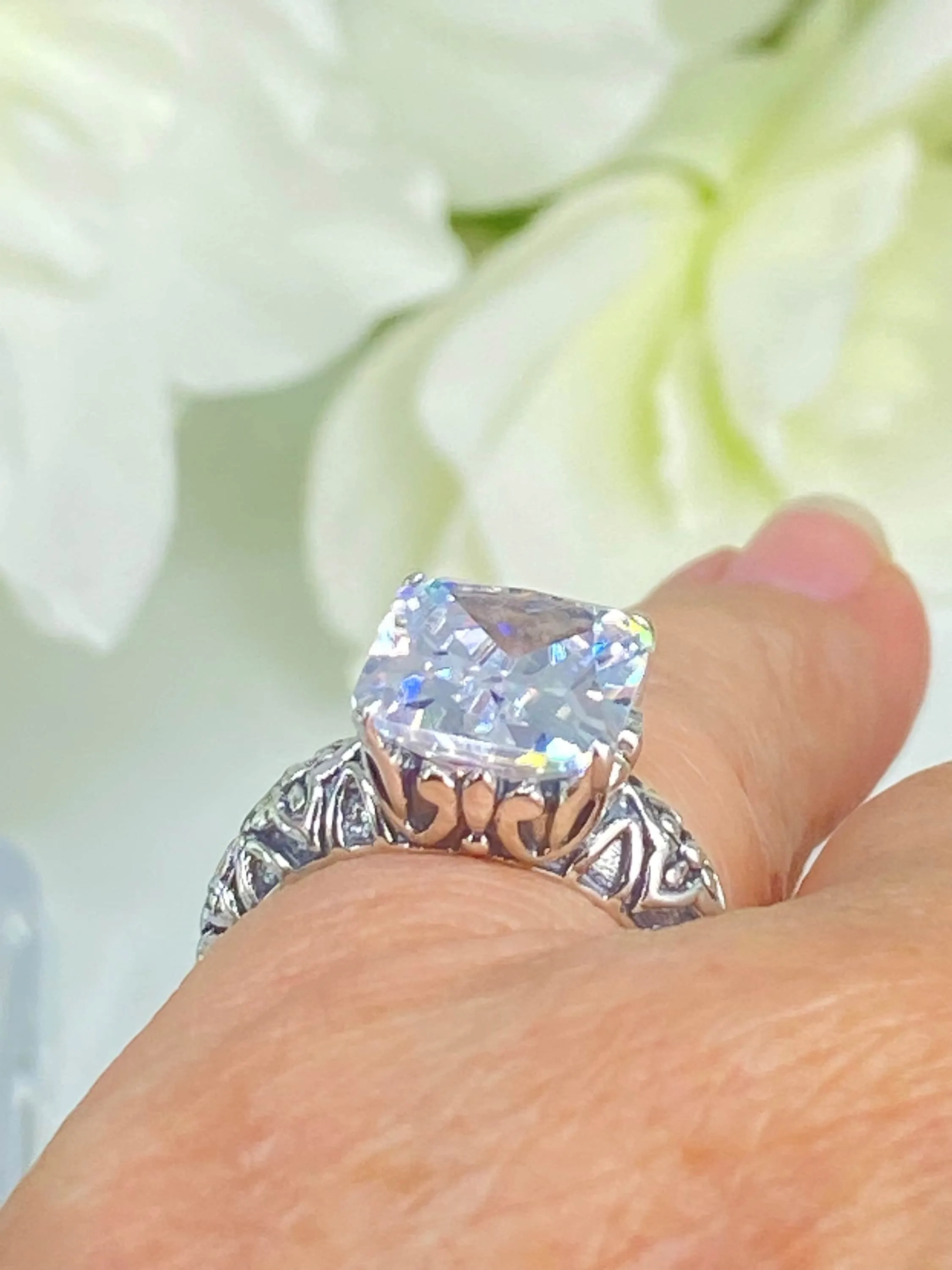 White CZ Ring, 3ct White CZ Gem, Gothic Cross Filigree Ring, D107