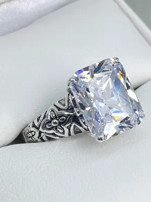 White CZ Ring, 3ct White CZ Gem, Gothic Cross Filigree Ring, D107