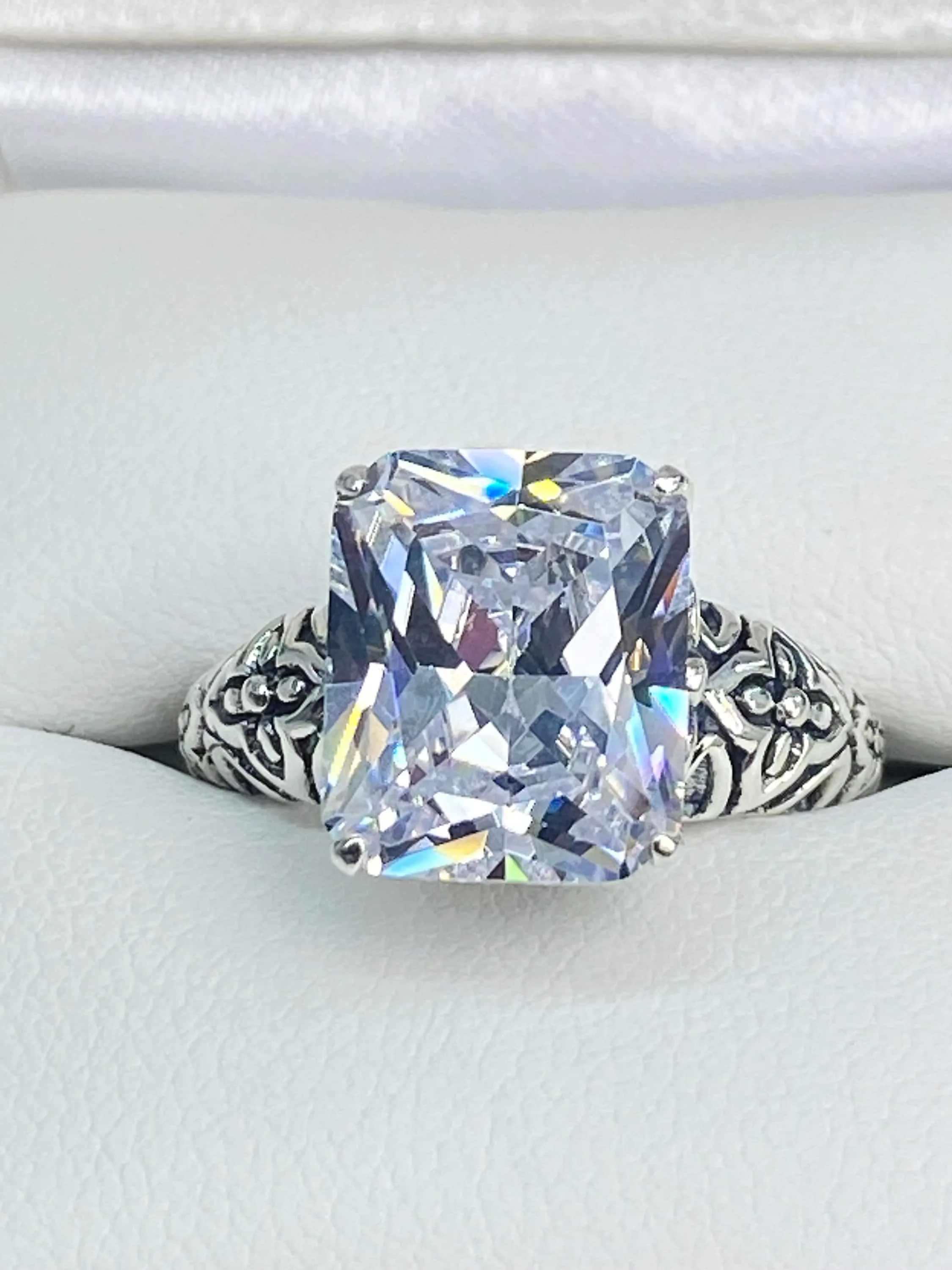 White CZ Ring, 3ct White CZ Gem, Gothic Cross Filigree Ring, D107