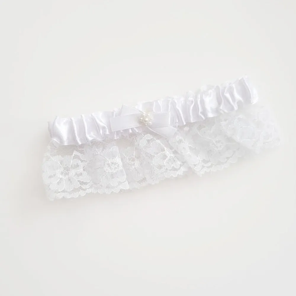 White Satin Pearls and Lace Garter Wedding Bridal Accessory