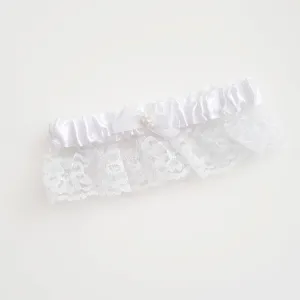 White Satin Pearls and Lace Garter Wedding Bridal Accessory
