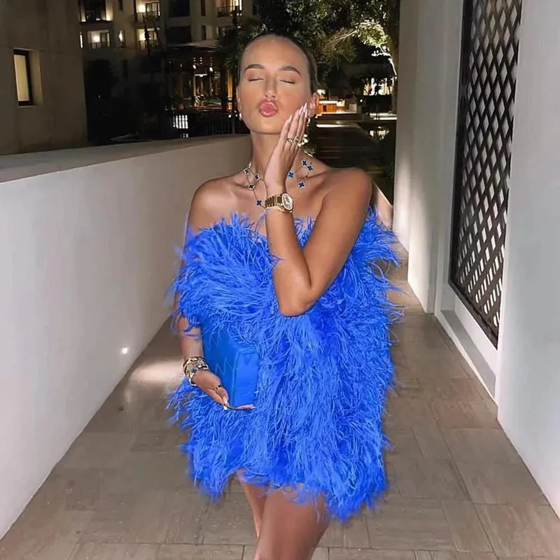 Women Ostrich Feather Dress Strapless Long Fur Fashion Dress Party Club