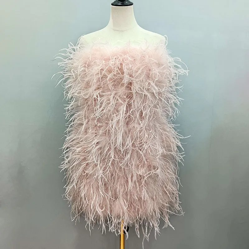 Women Ostrich Feather Dress Strapless Long Fur Fashion Dress Party Club