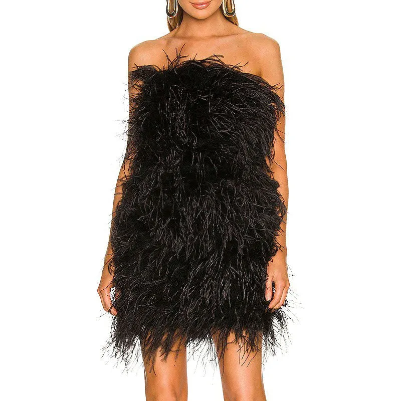 Women Ostrich Feather Dress Strapless Long Fur Fashion Dress Party Club