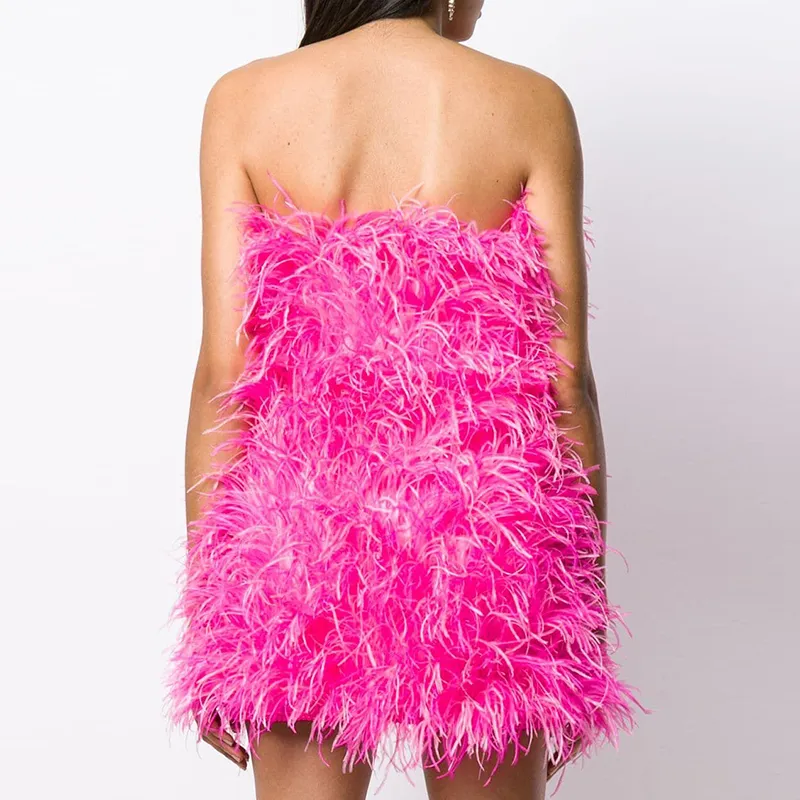 Women Ostrich Feather Dress Strapless Long Fur Fashion Dress Party Club