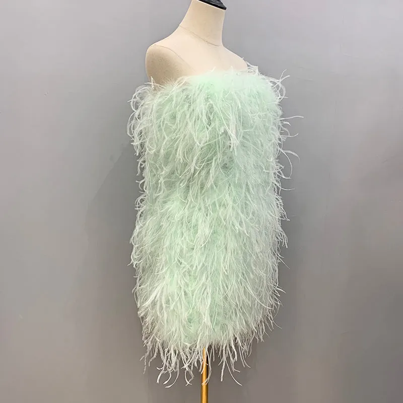 Women Ostrich Feather Dress Strapless Long Fur Fashion Dress Party Club
