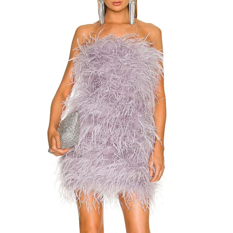 Women Ostrich Feather Dress Strapless Long Fur Fashion Dress Party Club