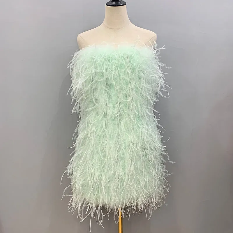 Women Ostrich Feather Dress Strapless Long Fur Fashion Dress Party Club