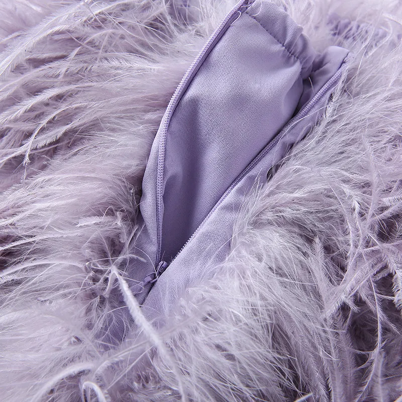 Women Ostrich Feather Dress Strapless Long Fur Fashion Dress Party Club