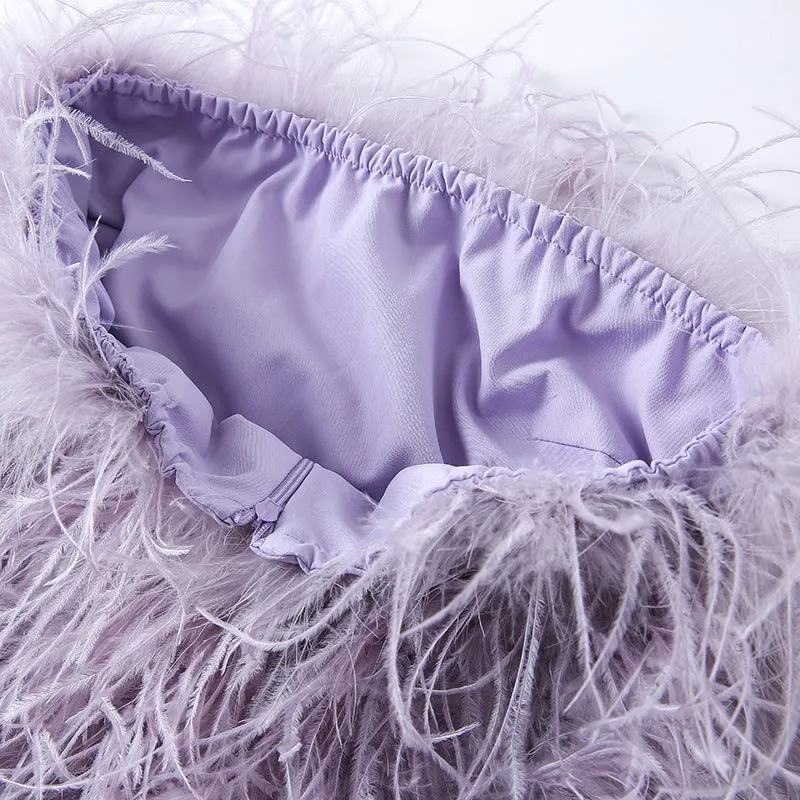 Women Ostrich Feather Dress Strapless Long Fur Fashion Dress Party Club