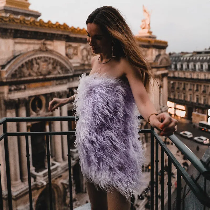 Women Ostrich Feather Dress Strapless Long Fur Fashion Dress Party Club