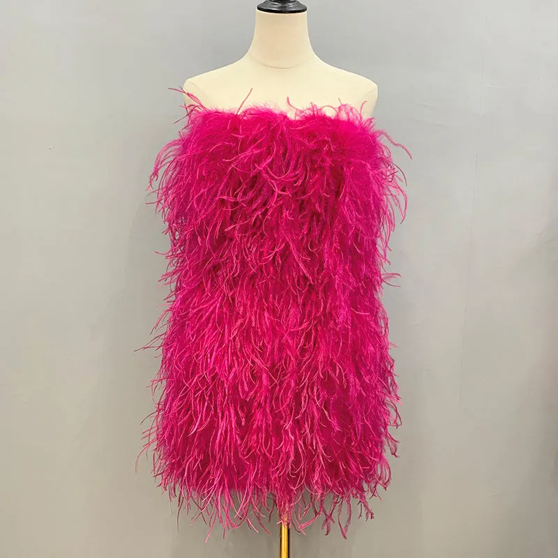 Women Ostrich Feather Dress Strapless Long Fur Fashion Dress Party Club