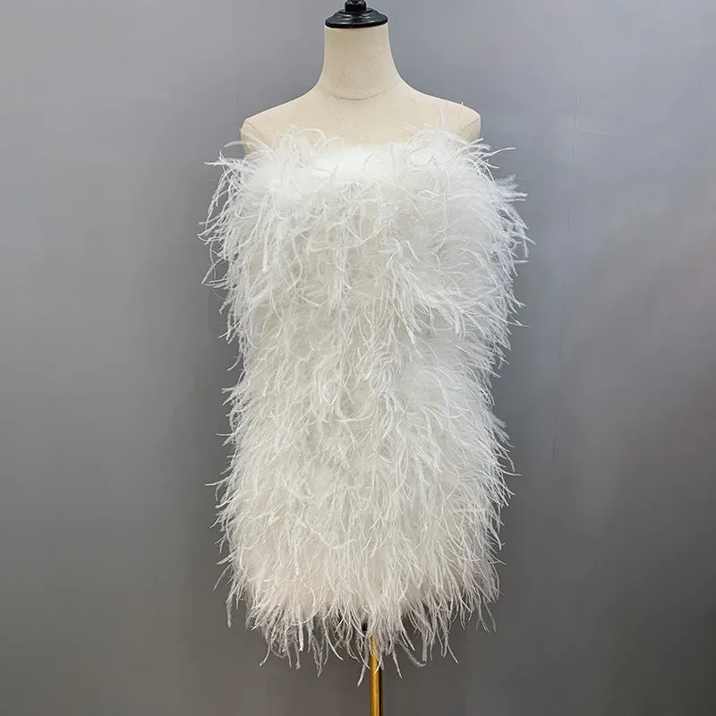 Women Ostrich Feather Dress Strapless Long Fur Fashion Dress Party Club