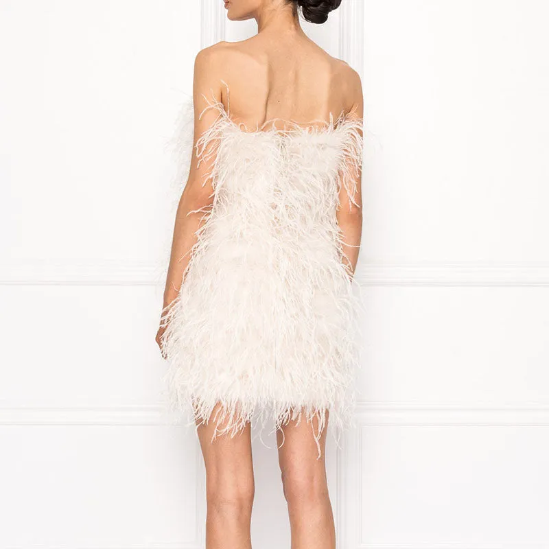Women Ostrich Feather Dress Strapless Long Fur Fashion Dress Party Club