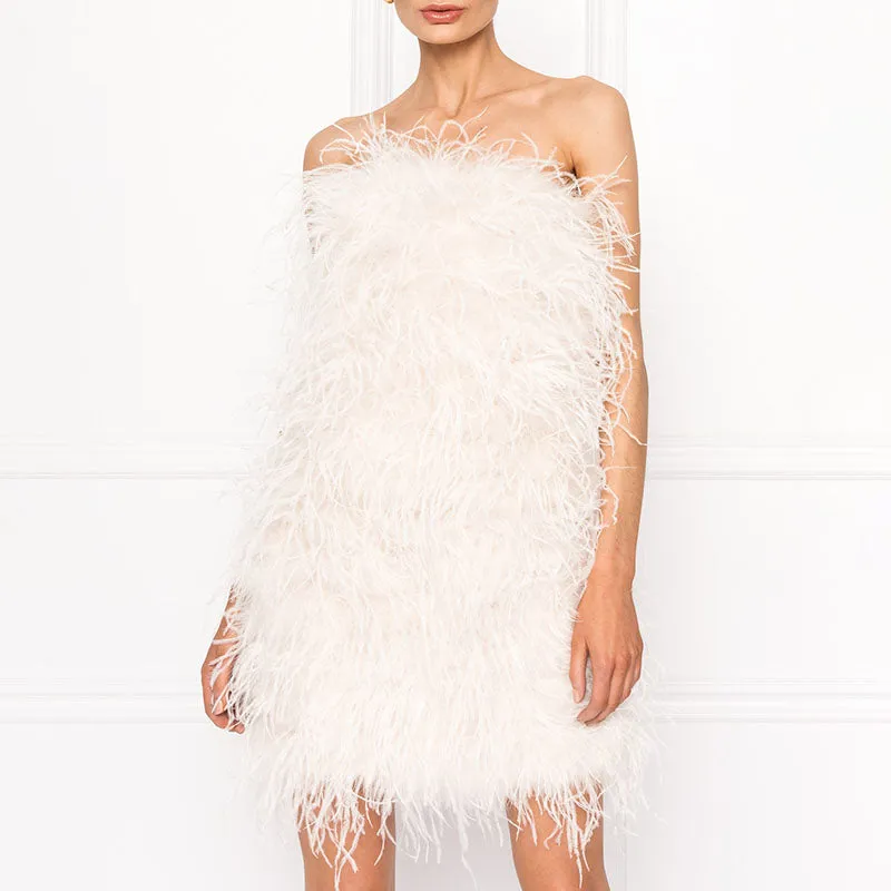 Women Ostrich Feather Dress Strapless Long Fur Fashion Dress Party Club