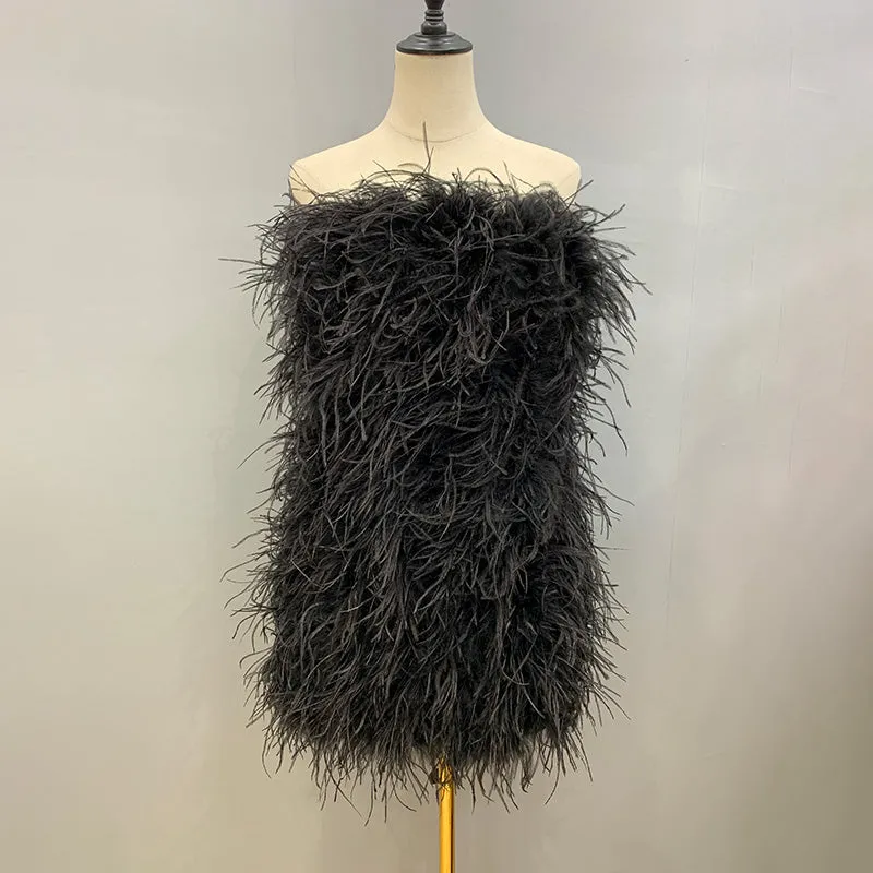 Women Ostrich Feather Dress Strapless Long Fur Fashion Dress Party Club