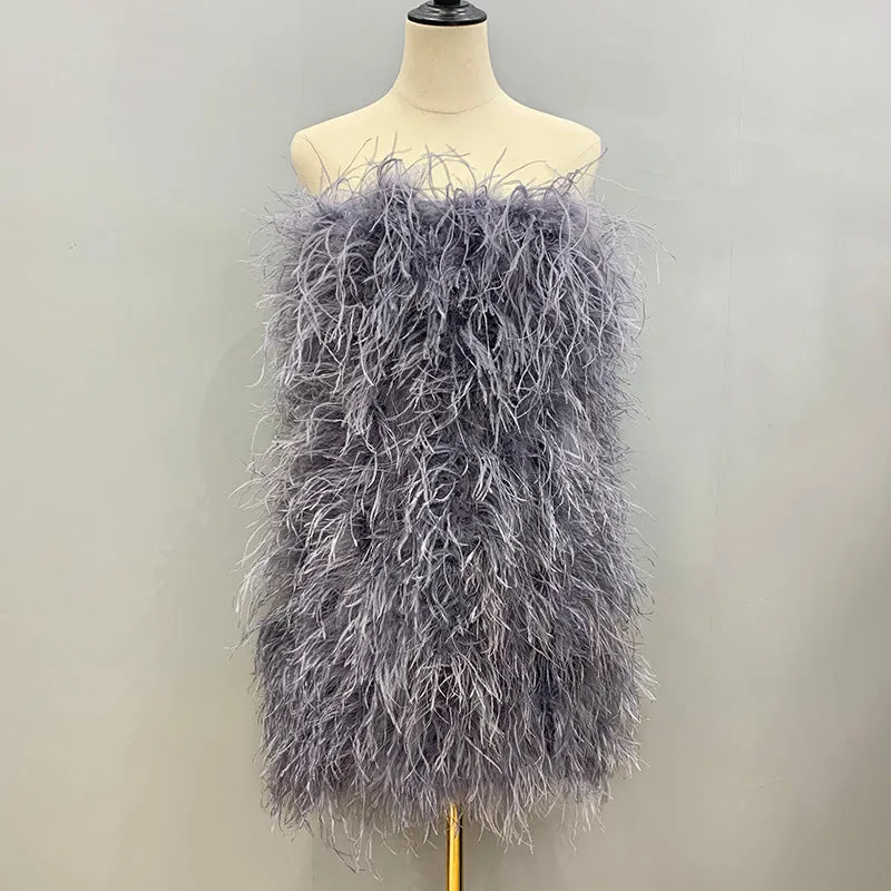 Women Ostrich Feather Dress Strapless Long Fur Fashion Dress Party Club