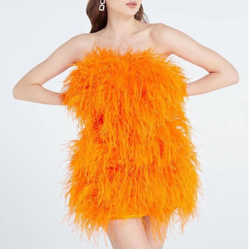 Women Ostrich Feather Dress Strapless Long Fur Fashion Dress Party Club