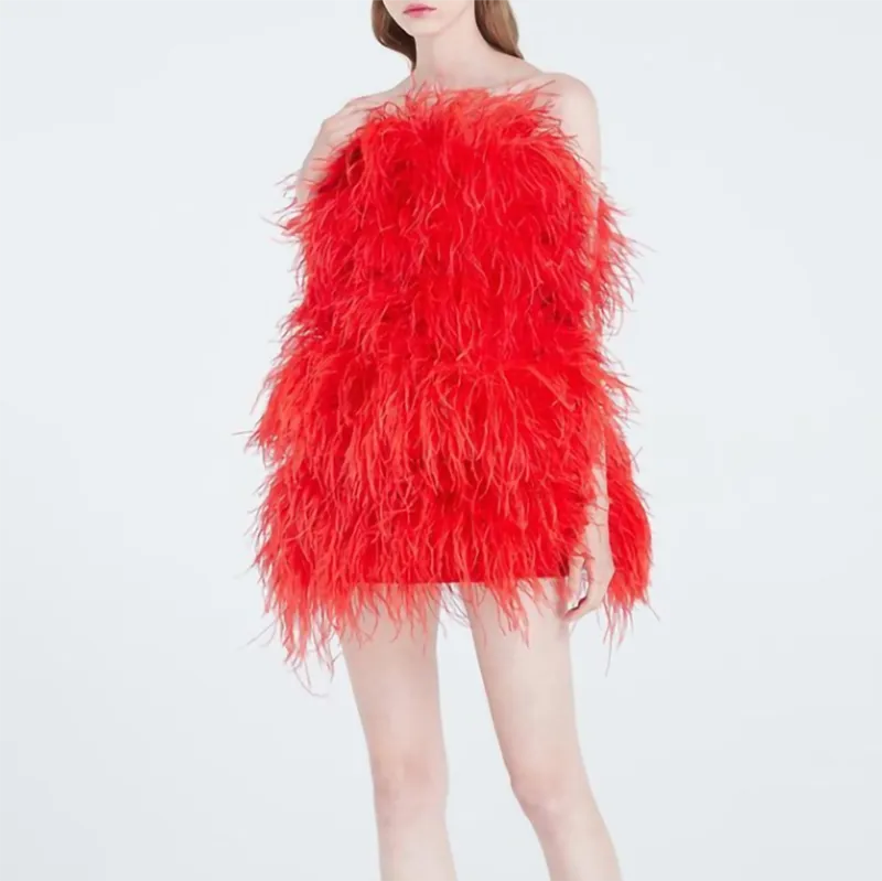 Women Ostrich Feather Dress Strapless Long Fur Fashion Dress Party Club