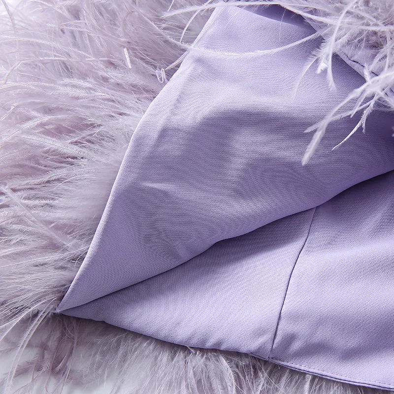Women Ostrich Feather Dress Strapless Long Fur Fashion Dress Party Club