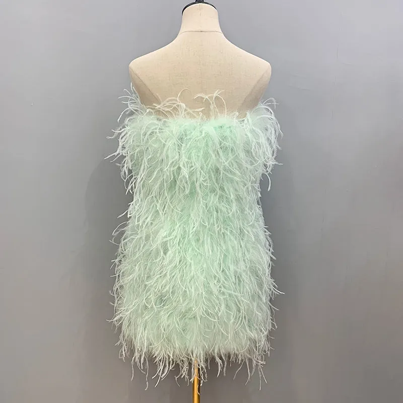Women Ostrich Feather Dress Strapless Long Fur Fashion Dress Party Club