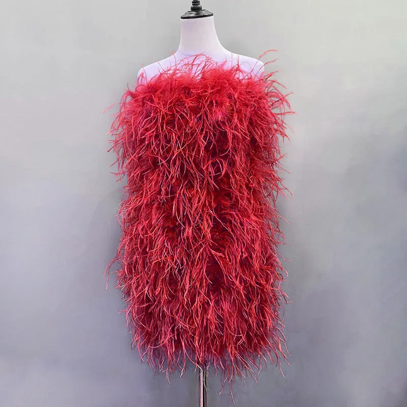 Women Ostrich Feather Dress Strapless Long Fur Fashion Dress Party Club