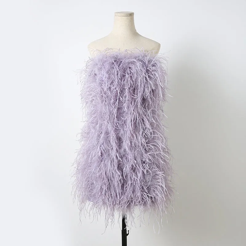 Women Ostrich Feather Dress Strapless Long Fur Fashion Dress Party Club