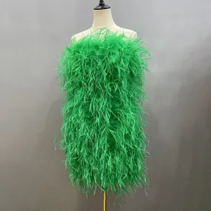 Women Ostrich Feather Dress Strapless Long Fur Fashion Dress Party Club