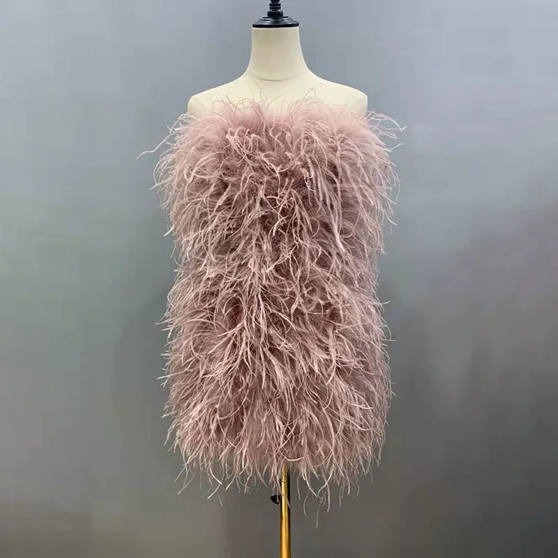 Women Ostrich Feather Dress Strapless Long Fur Fashion Dress Party Club