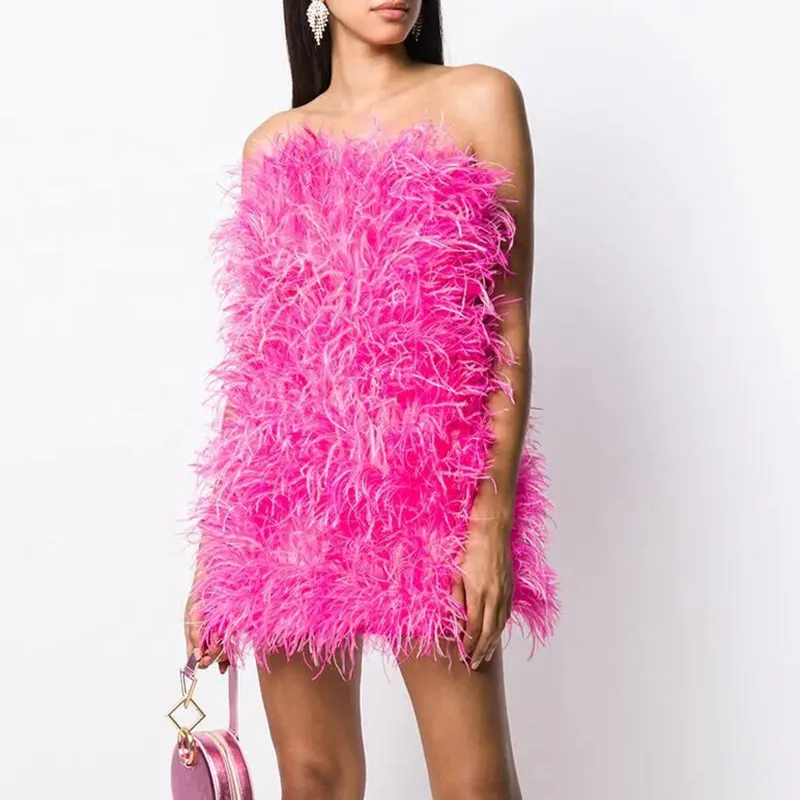 Women Ostrich Feather Dress Strapless Long Fur Fashion Dress Party Club