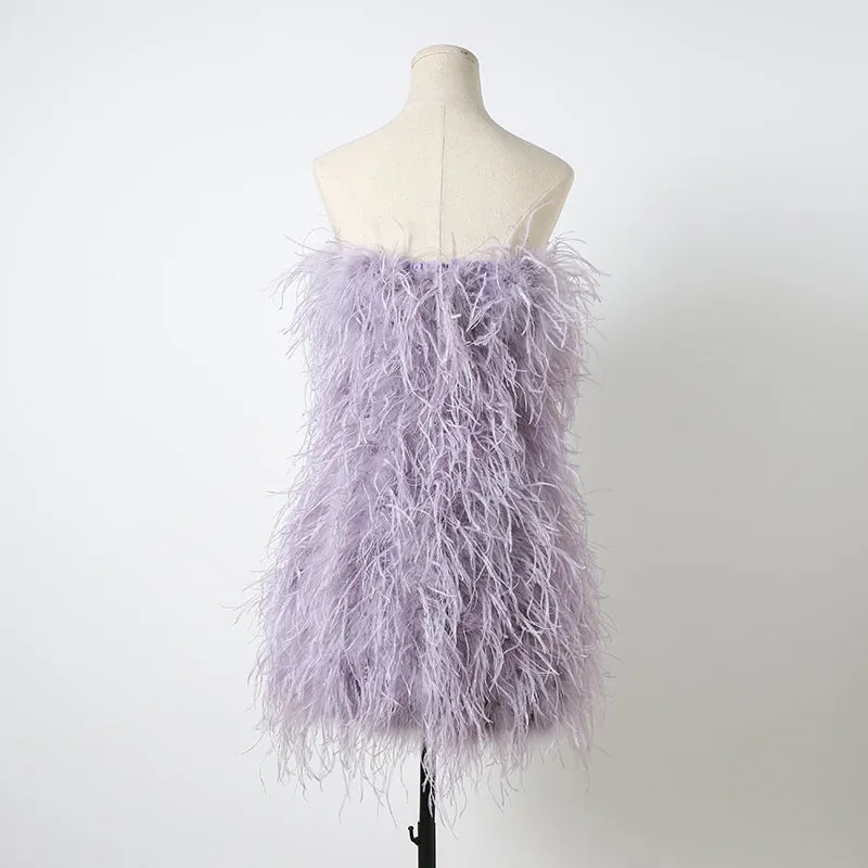 Women Ostrich Feather Dress Strapless Long Fur Fashion Dress Party Club