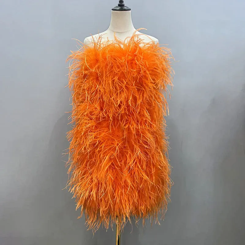 Women Ostrich Feather Dress Strapless Long Fur Fashion Dress Party Club