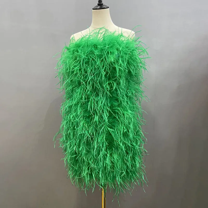 Women Ostrich Feather Dress Strapless Long Fur Fashion Dress Party Club