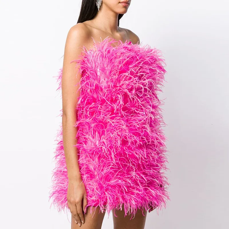Women Ostrich Feather Dress Strapless Long Fur Fashion Dress Party Club