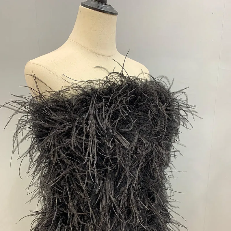 Women Ostrich Feather Dress Strapless Long Fur Fashion Dress Party Club