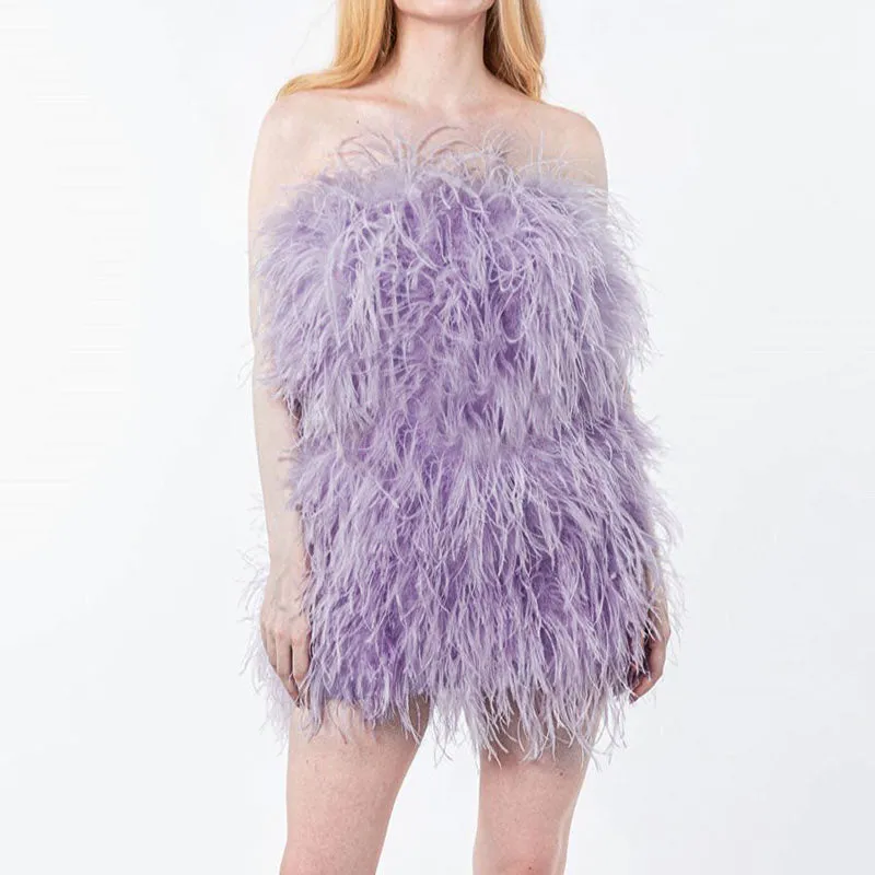 Women Ostrich Feather Dress Strapless Long Fur Fashion Dress Party Club