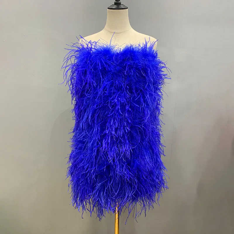 Women Ostrich Feather Dress Strapless Long Fur Fashion Dress Party Club