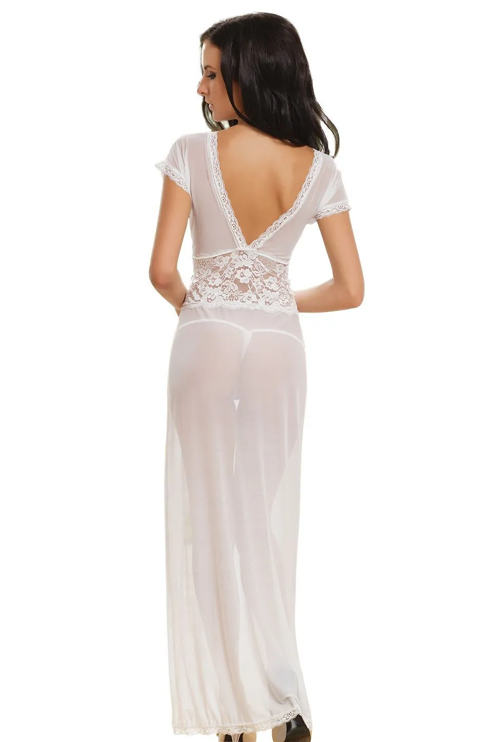 Women's Plus Size Long Nightgown White Mesh and Lace Cap Sleeved