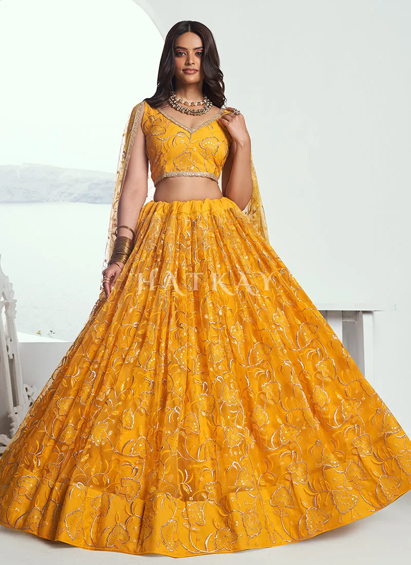 Yellow Embroidered Party Wear Lehenga Choli